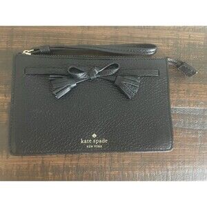 Kate Spade Black Pebbled Leather Small Zip Wristlet Pouch with Bow on Strap